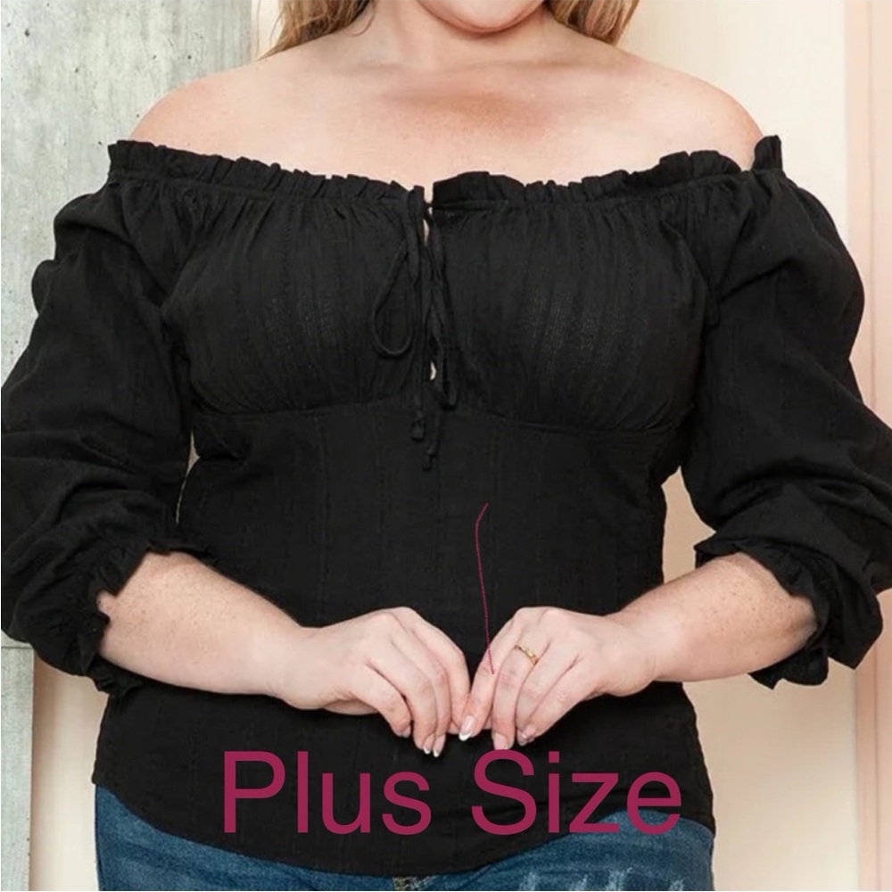 Zenobia Peasant Ruffle Black Plus Size Off-Shoulder Top with Stretch 100% Cotton